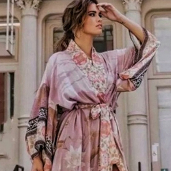 NEW Boho Retro Floral Kimono Maxi Duster Jacket Dusty Pink Black - Picture 2 of 12